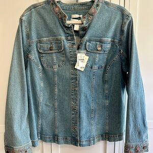 CJ Banks NWT stretch blue Denim Jacket 1X beaded embroidered detail